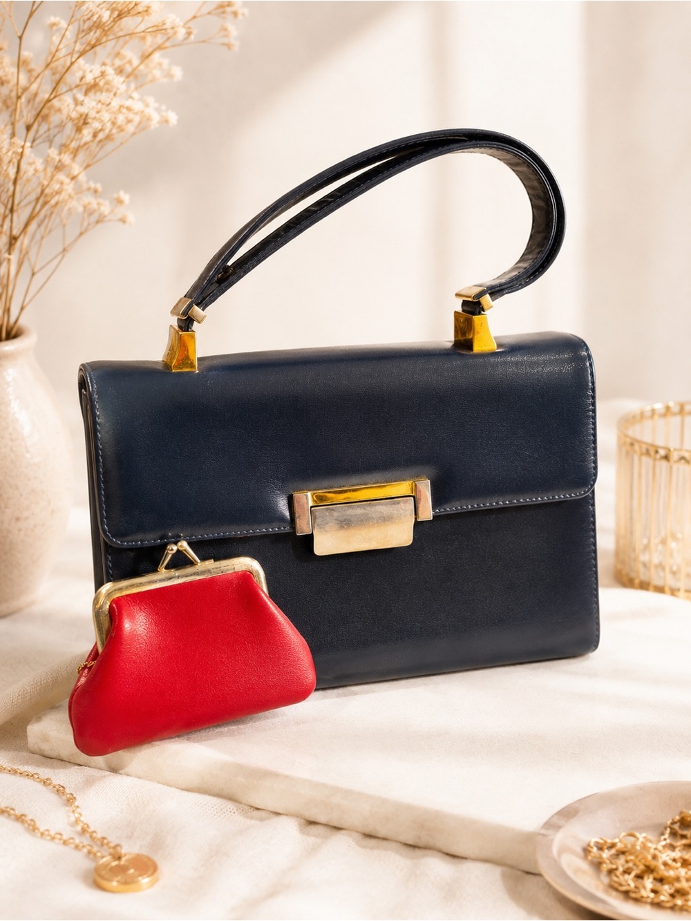 VTG Koret Navy Blue Genuine Leather Handbag Purse w Coin Pouch Gold Hardware